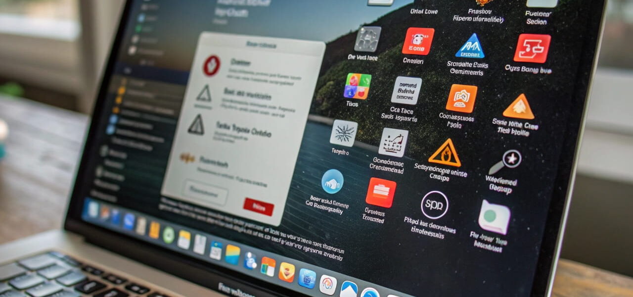 Überfüllter Computer-Desktop mit unnötiger Software und Pop-ups, die Bloatware verdeutlichen.