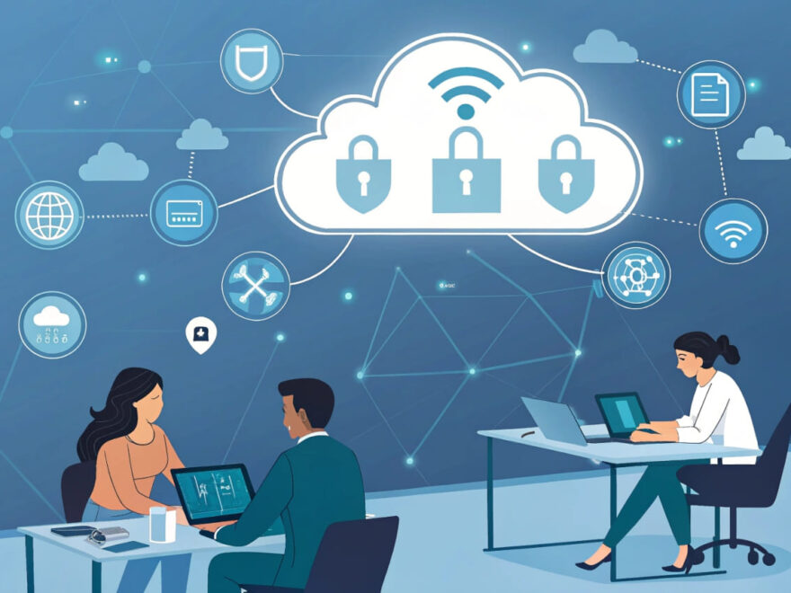Team eines kleinen Unternehmens nutzt Cloud-Services für effiziente und sichere Zusammenarbeit.