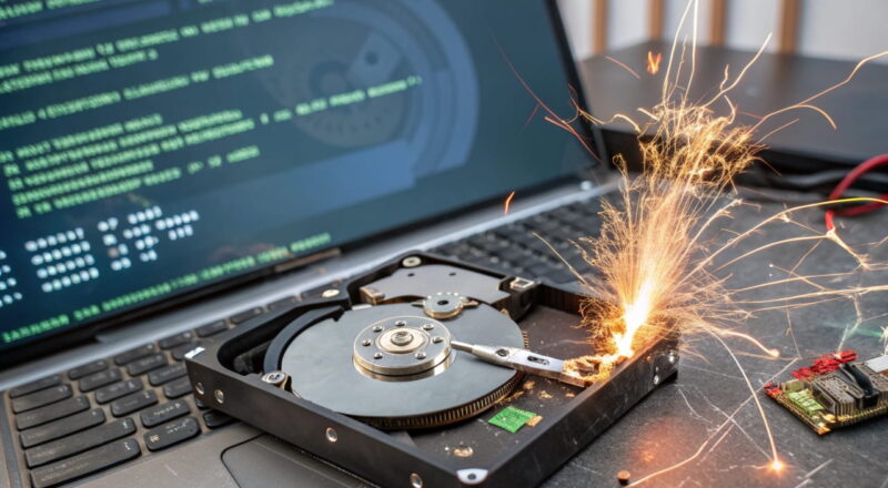 daten retten defekte festplatte Anzeichen einer defekten Festplatte mit Fehlermeldung und sichtbaren Schäden – Tipps, wie du deine Daten retten kannst.