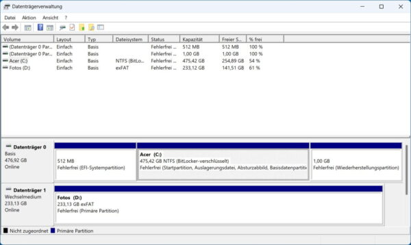 Datenträgerverwaltung unter Windows 11 mit Festplatten und Partitionen
