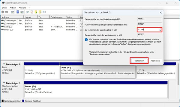Volume in der Windows-Datenträgerverwaltung verkleinern