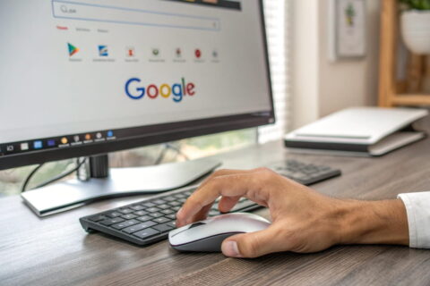 Desktop-Bildschirm mit geöffneter Google-Startseite im Browser – Symbol für Google als Standardsuchmaschine einstellen.