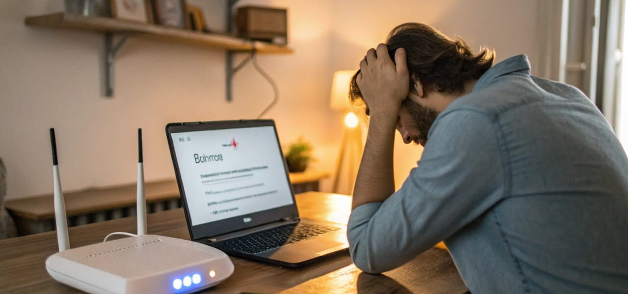 Person am Schreibtisch vor einem Laptop mit der Fehlermeldung 'Keine Verbindung mit diesem Netzwerk möglich' und einem Router im Hintergrund.