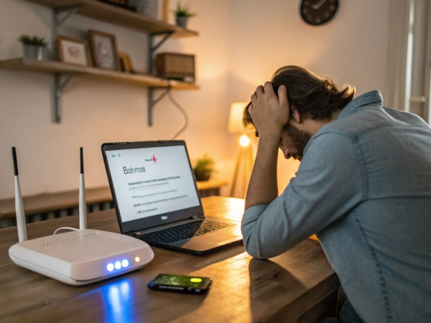 Person am Schreibtisch vor einem Laptop mit der Fehlermeldung 'Keine Verbindung mit diesem Netzwerk möglich' und einem Router im Hintergrund.