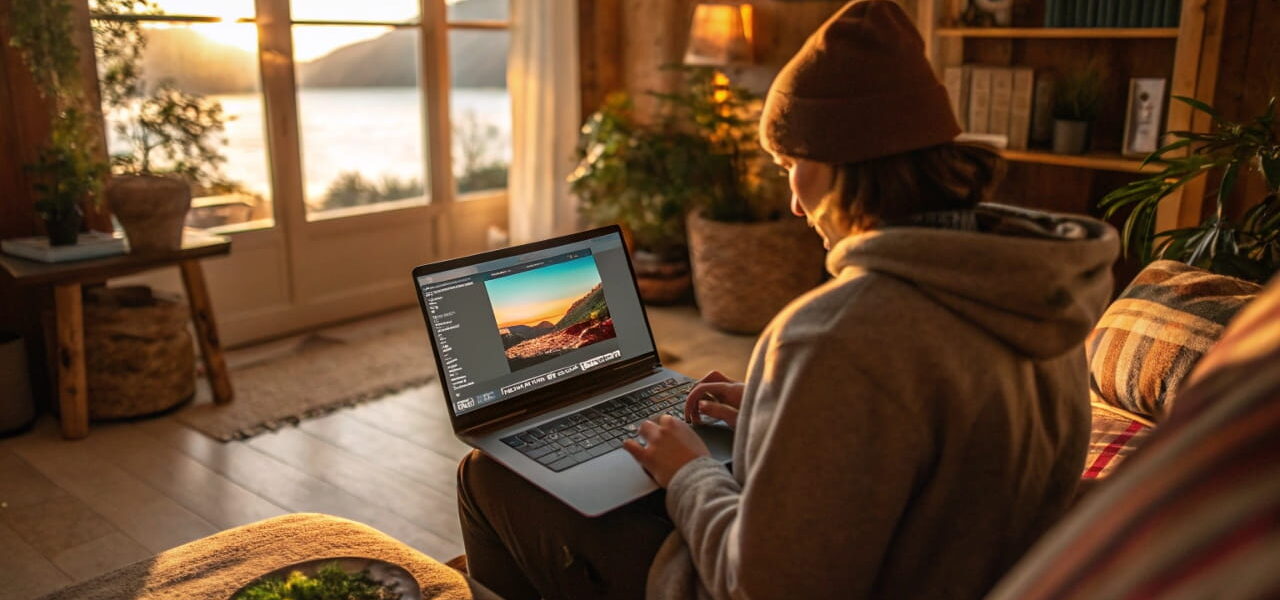 Einsteiger nutzt kostenlose Bildbearbeitung am Laptop in gemütlicher Umgebung.
