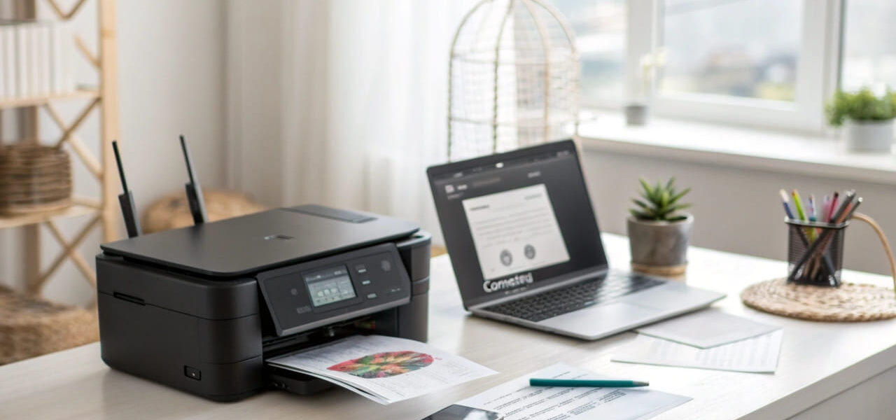 Netzwerkdrucker einrichten: Modernes Home-Office mit drahtlos verbundenem Drucker und Laptop.