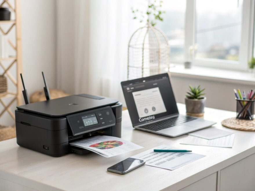 Netzwerkdrucker einrichten: Modernes Home-Office mit drahtlos verbundenem Drucker und Laptop.