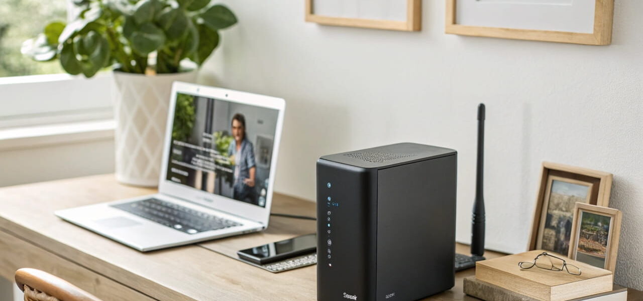 Modernes Netzwerkspeicher-Gerät auf einem Schreibtisch, verbunden mit einem WLAN-Router, ideal für Familien und Heimnetzwerke.