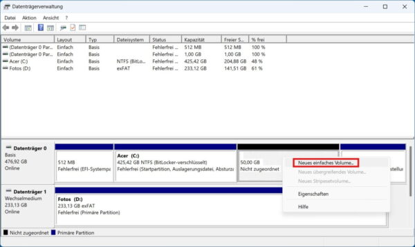 Neue Partition in der Windows-11-Datenträgerverwaltung erstellen