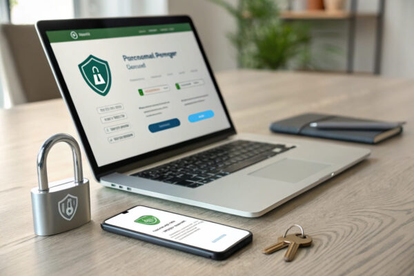 Passwortmanagement und sichere Authentifizierung – Visualisierung Laptop mit Passwortmanager und Smartphone mit Zwei-Faktor-Authentifizierung, um sicheres Passwortmanagement und Authentifizierung darzustellen.