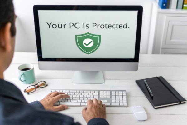 PC vor Viren schützen – Präventionstipps zum Virus entfernen Antivirensoftware mit grünem Schutzsymbol und Backup-Festplatte – PC vor Viren schützen
