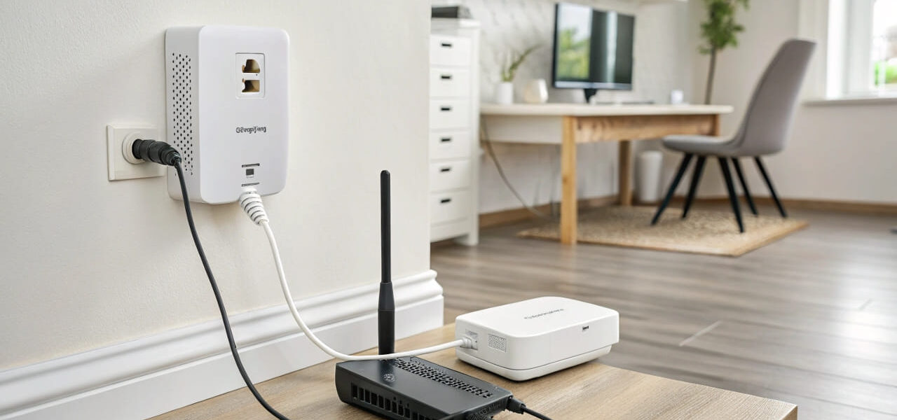 Powerline-Adapter im Einsatz: Verbunden über Stromleitung mit Router und Computer