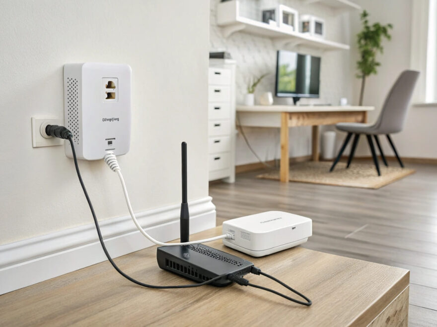 Powerline-Adapter im Einsatz: Verbunden über Stromleitung mit Router und Computer