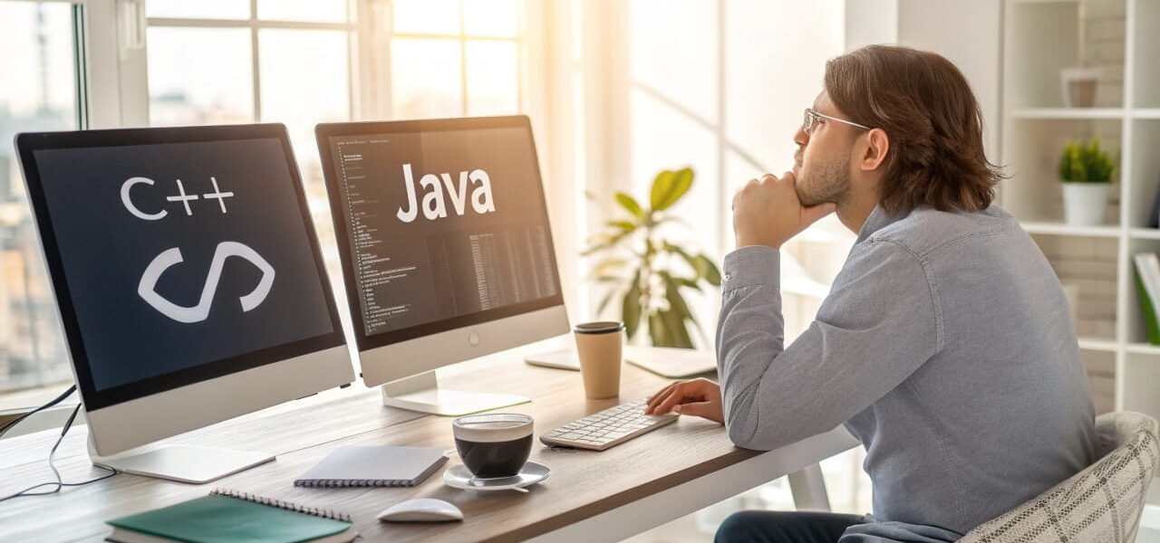 Ein Anfänger-Programmierer entscheidet sich zwischen C++ und Java an einem modernen Arbeitsplatz.