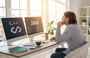 Ein Anfänger-Programmierer entscheidet sich zwischen C++ und Java an einem modernen Arbeitsplatz.