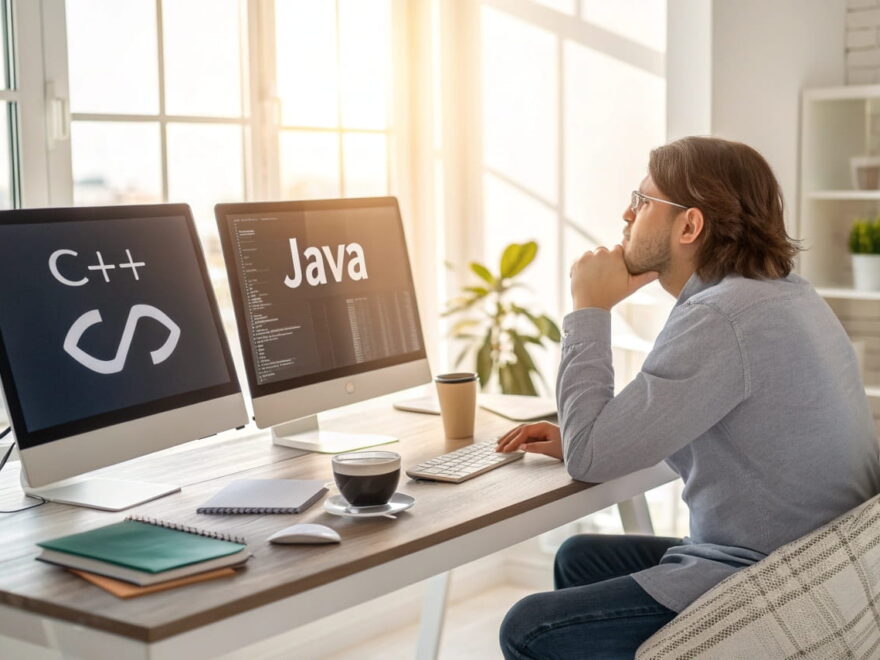 Ein Anfänger-Programmierer entscheidet sich zwischen C++ und Java an einem modernen Arbeitsplatz.