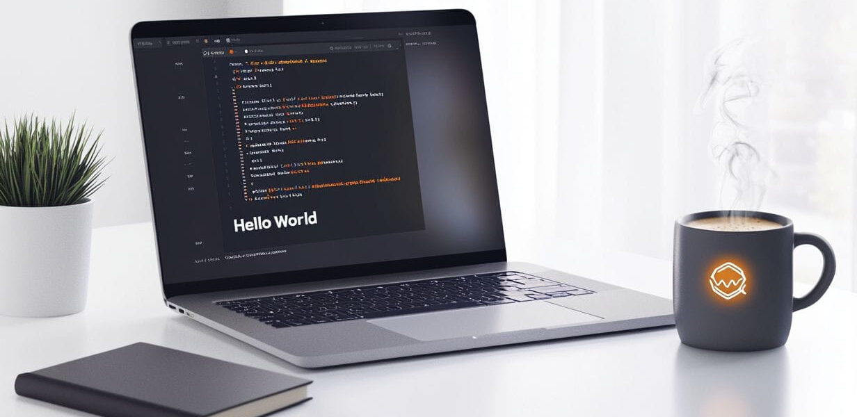Laptop mit Python-Code und Python-Logo auf einem Schreibtisch, ideal für Einsteiger in die Programmierung.