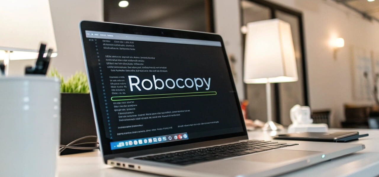 Bildschirm mit Robocopy-Befehl in der Eingabeaufforderung und Fortschrittsanzeige.
