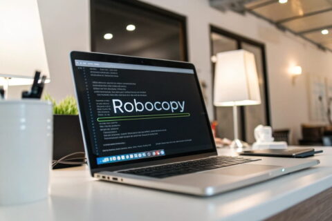 Bildschirm mit Robocopy-Befehl in der Eingabeaufforderung und Fortschrittsanzeige.