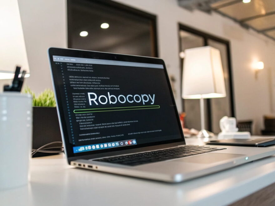 Bildschirm mit Robocopy-Befehl in der Eingabeaufforderung und Fortschrittsanzeige.