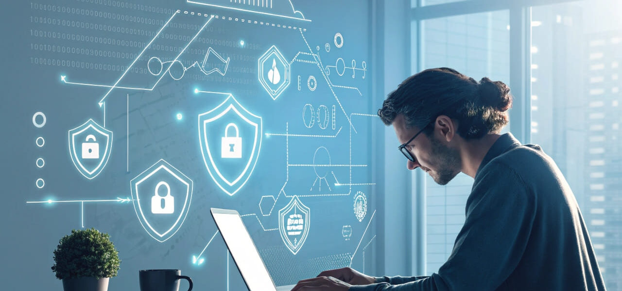 Programmierer arbeitet an einem Laptop mit Sicherheits-Icons im Vordergrund, die Schutz und Sicherheit beim Programmieren symbolisieren.