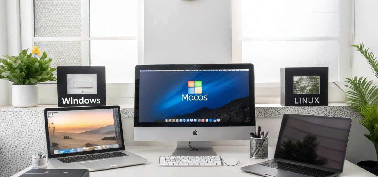 Vergleich von Betriebssystemen: Windows, macOS, Linux und Chrome OS auf verschiedenen Geräten in einem modernen Arbeitsbereich.