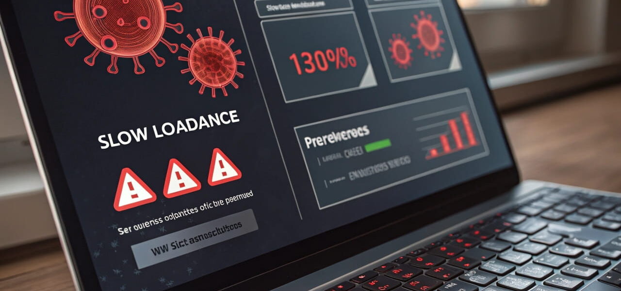 Computerbildschirm mit Warn-Pop-ups und Fehlermeldungen – Anzeichen für eine Virusinfektion erkennen