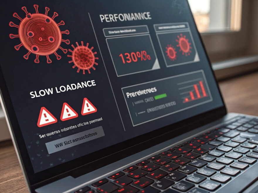 Computerbildschirm mit Warn-Pop-ups und Fehlermeldungen – Anzeichen für eine Virusinfektion erkennen
