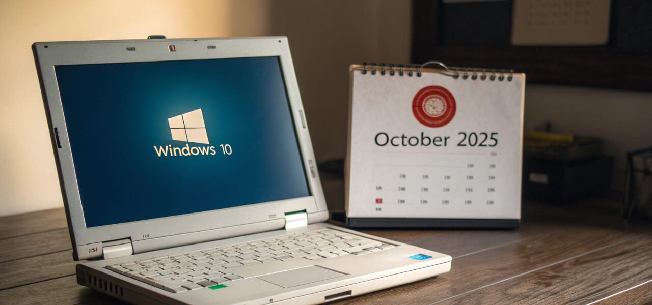 Laptop mit Windows 10 Logo und einem Kalender, der das Ende des Supports im Oktober 2025 markiert.
