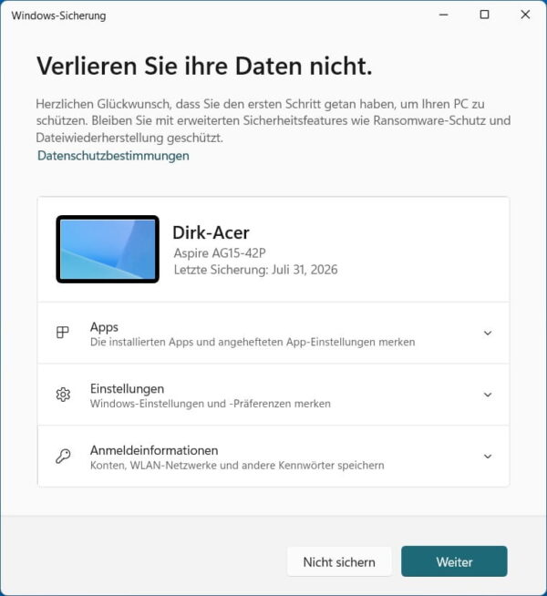 App Windows-Sicherung unter Windows 11 mit Apps, Einstellungen und Anmeldeinformationen