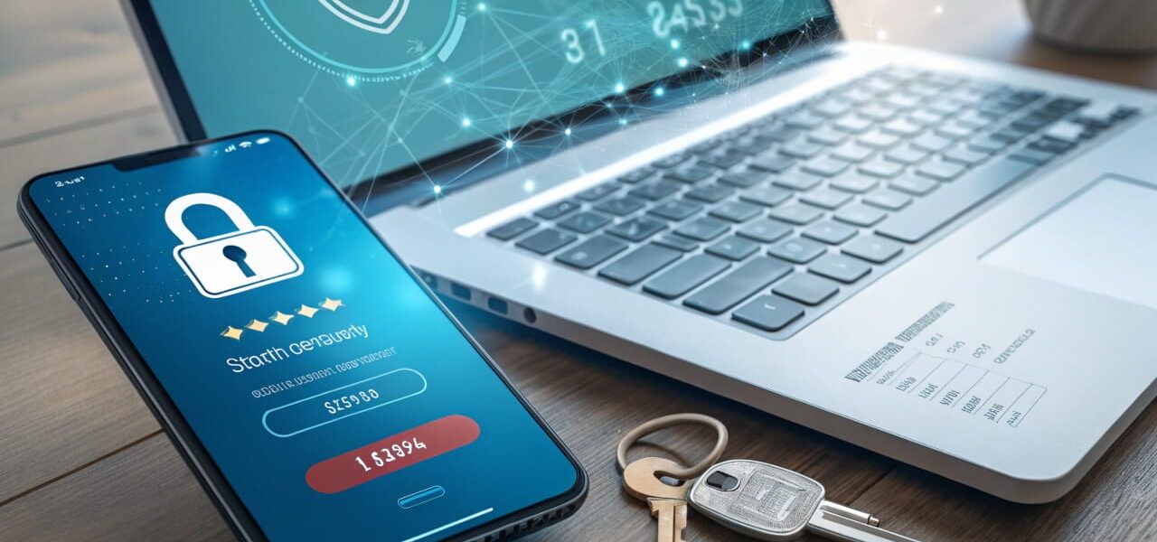2-Faktor-Authentifizierung: Smartphone mit OTP-Code, Laptop mit Login-Feld und Sicherheitsschlüssel.