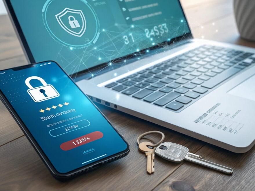 2-Faktor-Authentifizierung: Smartphone mit OTP-Code, Laptop mit Login-Feld und Sicherheitsschlüssel.