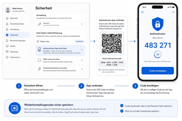 2FA einrichten mit Authenticator-App 2-Faktor-Authentifizierung einrichten: Sicherheitseinstellungen öffnen, Authenticator-App verbinden und Bestätigungscode eingeben
