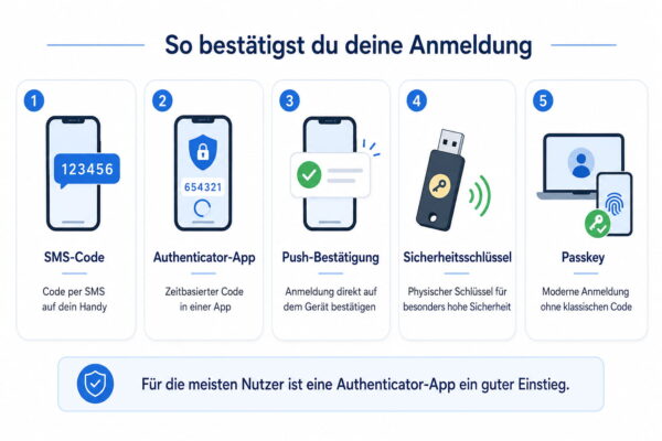2FA-Methoden im Überblick: sichere Anmeldebestätigung Übersicht wichtiger 2FA-Methoden mit SMS-Code, Authenticator-App, Push-Bestätigung, Sicherheitsschlüssel und Passkey
