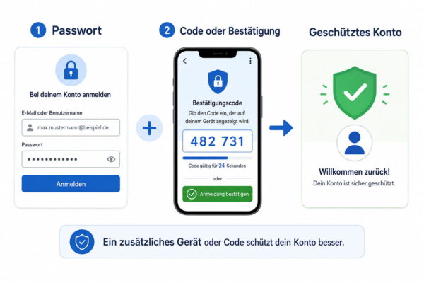 2-Faktor-Authentifizierung: Passwort plus zusätzlicher Code 2-Faktor-Authentifizierung mit Passwort und Bestätigungscode schützt ein Online-Konto zusätzlich