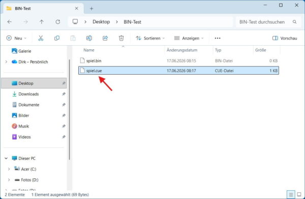 .bin-Datei öffnen mit markierter CUE-Datei im Windows Explorer
