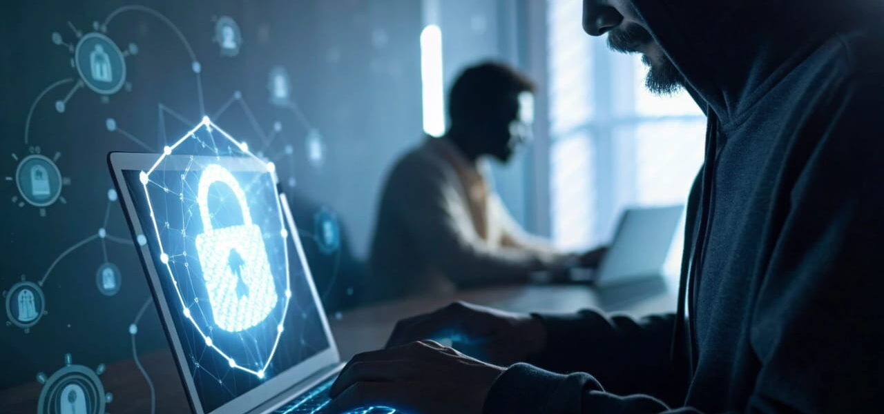 Cybersecurity: Ein Nutzer am Laptop mit digitalen Schutzsymbolen und einem unscharfen Hacker im Hintergrund als Bedrohung.