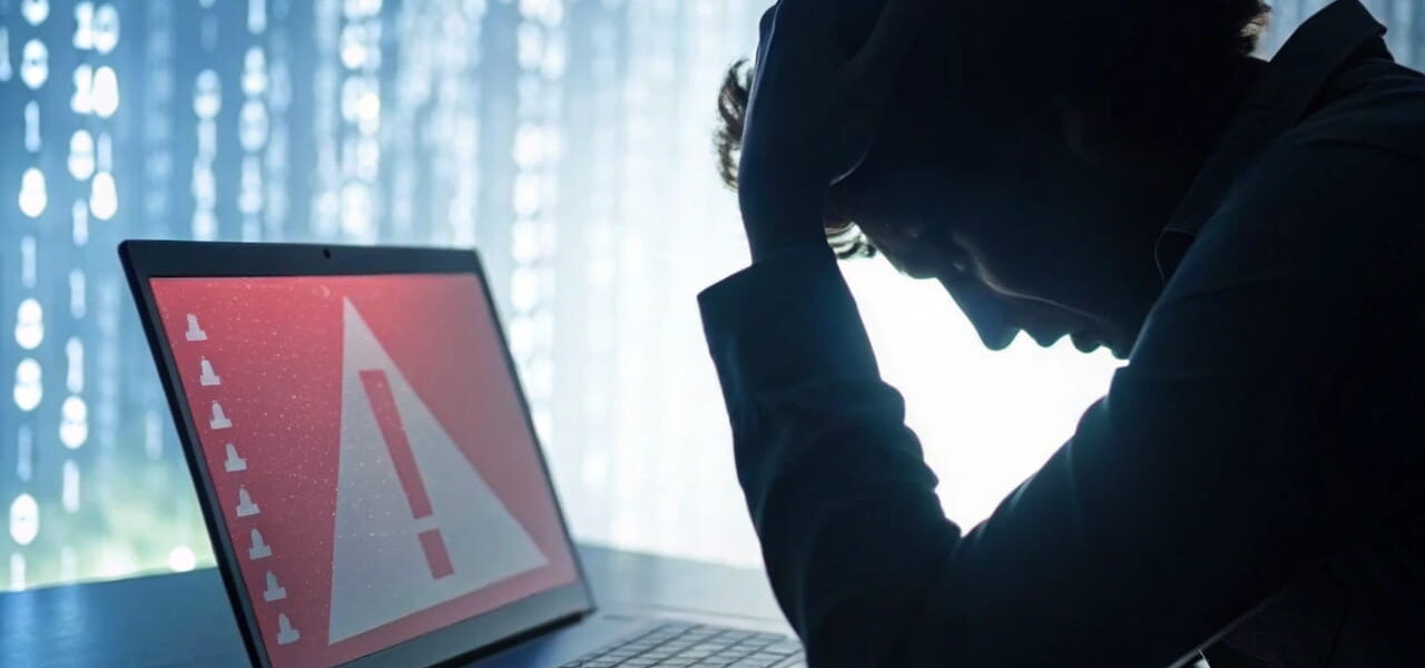 Fehlermeldung zu Datenverlust auf einem Laptop-Bildschirm mit verzweifelter Person im Vordergrund.
