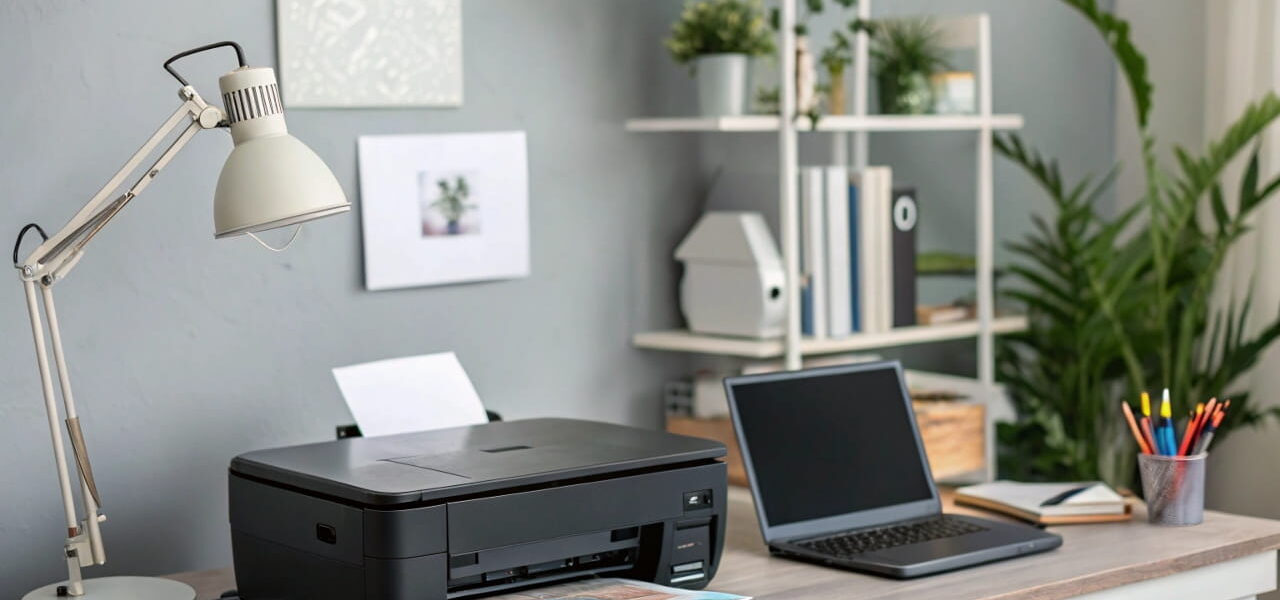 Multifunktionsdrucker auf einem Schreibtisch im Home-Office neben einem Laptop und Bürozubehör.