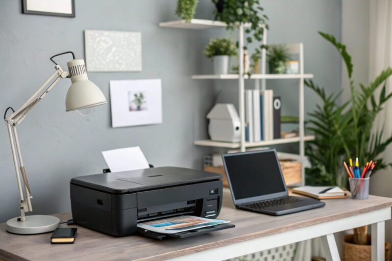 Multifunktionsdrucker auf einem Schreibtisch im Home-Office neben einem Laptop und Bürozubehör.