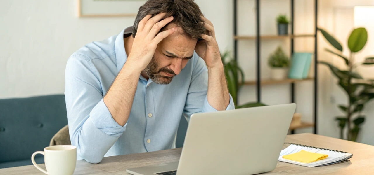 Mann sitzt frustriert vor Laptop mit Fehlermeldung 'Falsches Passwort', neben ihm liegt eine Notiz mit verschiedenen Passwort-Versuchen.