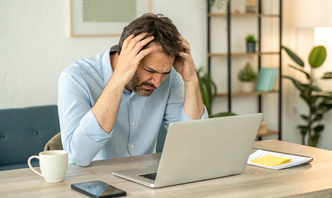 Mann sitzt frustriert vor Laptop mit Fehlermeldung 'Falsches Passwort', neben ihm liegt eine Notiz mit verschiedenen Passwort-Versuchen.