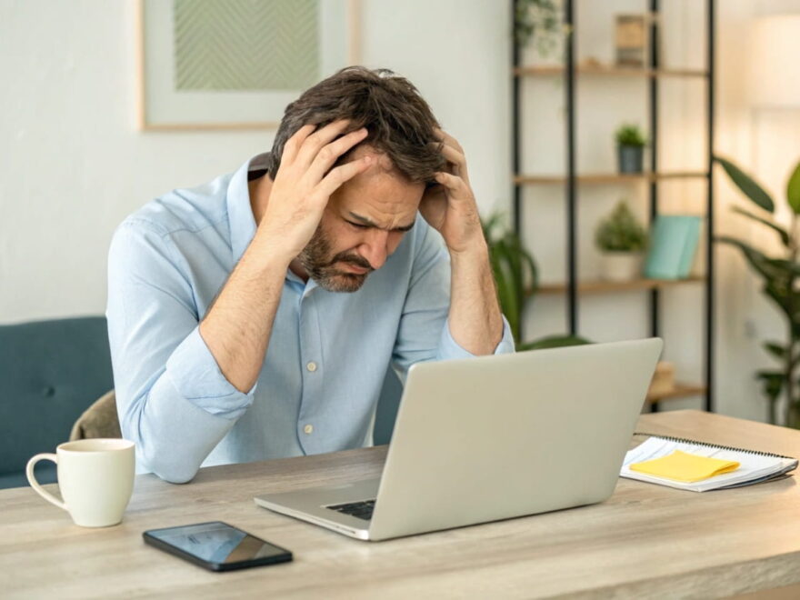 Mann sitzt frustriert vor Laptop mit Fehlermeldung 'Falsches Passwort', neben ihm liegt eine Notiz mit verschiedenen Passwort-Versuchen.