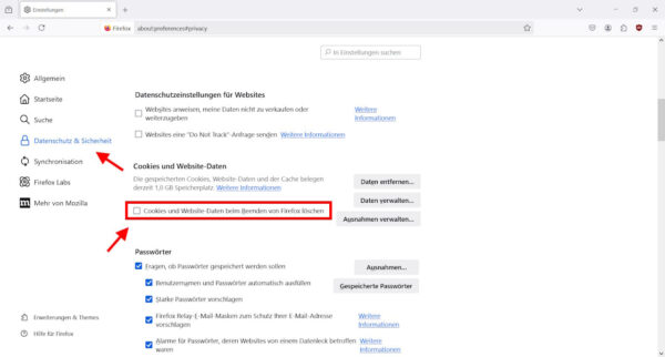 Firefox Cookies automatisch löschen – Einfach einstellen Firefox Cookies automatisch löschen: Einstellungen im Bereich Datenschutz & Sicherheit mit hervorgehobener Option zum Löschen beim Beenden.