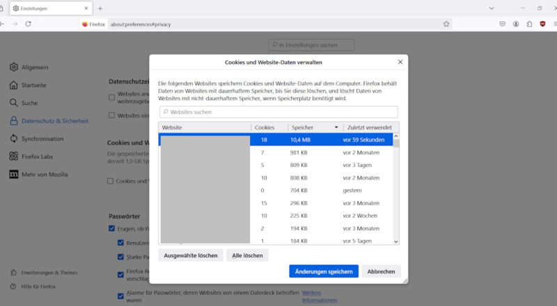 firefox cookies manuell loeschen Firefox Cookies manuell löschen: Einstellungen im Browser mit geöffnetem Fenster zur Verwaltung von Cookies und Website-Daten.