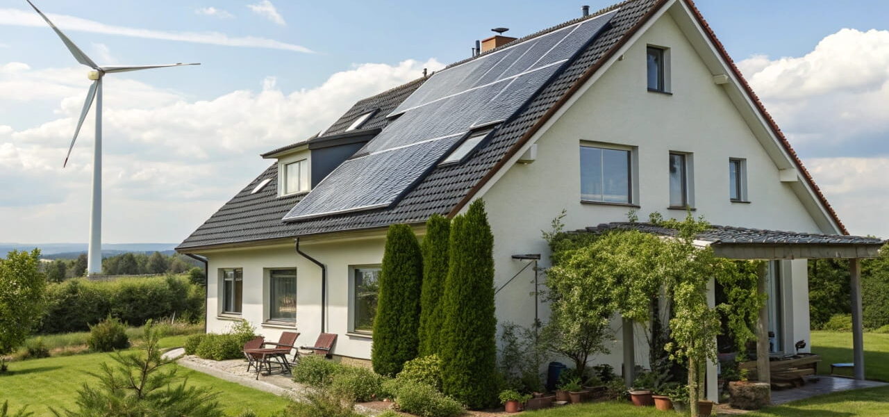 Nachhaltige Technik in Aktion – Ein modernes Haus mit Solarpanels auf dem Dach und einer Windkraftanlage im Hintergrund für erneuerbare Energie.