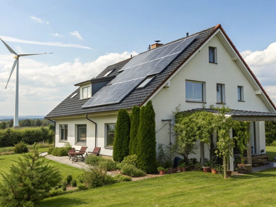 Nachhaltige Technik in Aktion – Ein modernes Haus mit Solarpanels auf dem Dach und einer Windkraftanlage im Hintergrund für erneuerbare Energie.