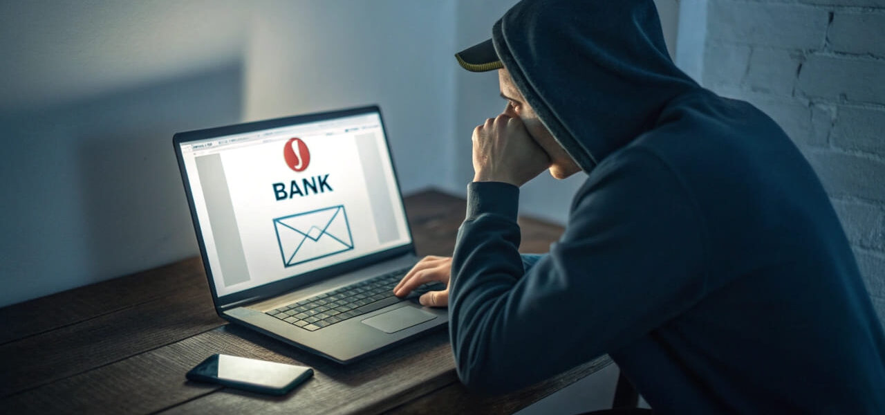 Phishing-Mails erkennen: Gefälschte Bank-E-Mail auf einem Laptop-Bildschirm mit betrügerischer Warnung.