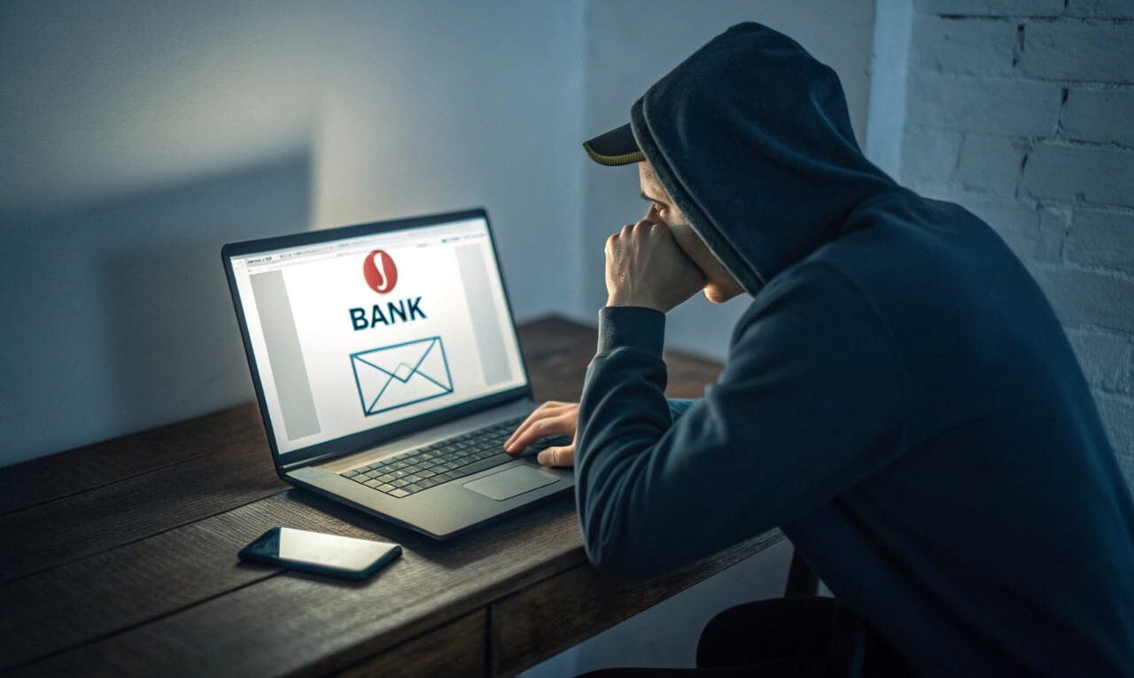 Phishing-Mails erkennen: Gefälschte Bank-E-Mail auf einem Laptop-Bildschirm mit betrügerischer Warnung.