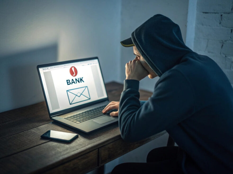 Phishing-Mails erkennen: Gefälschte Bank-E-Mail auf einem Laptop-Bildschirm mit betrügerischer Warnung.
